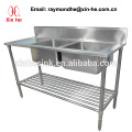 Commercial 2 Two Compartment Sink with Drainboard, Stainless Steel Double Catering Kitchen Sink Work Bench Table with Undershelf